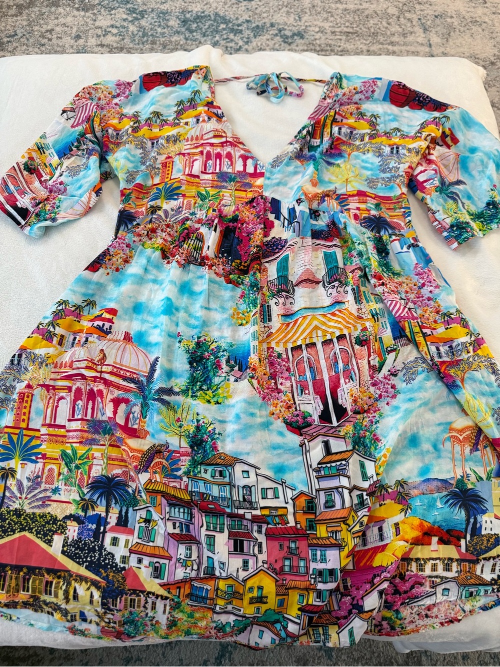 Johnny Was Cannes Cover-Up Dress colorful Mediterranean scene rayon M Ik1 - Picture 1 of 5